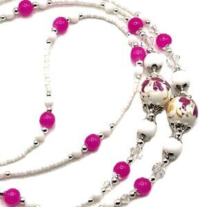 Dark Pink Flower, Beaded Lanyard for, Badge, ID Holder, Keychain